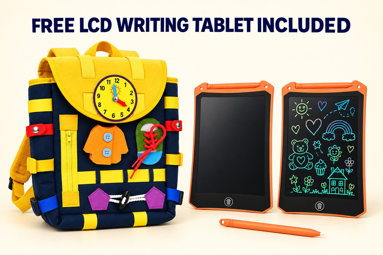 Rizz Kids activity backpack with the included LCD writing tablet shown turned off and turned on