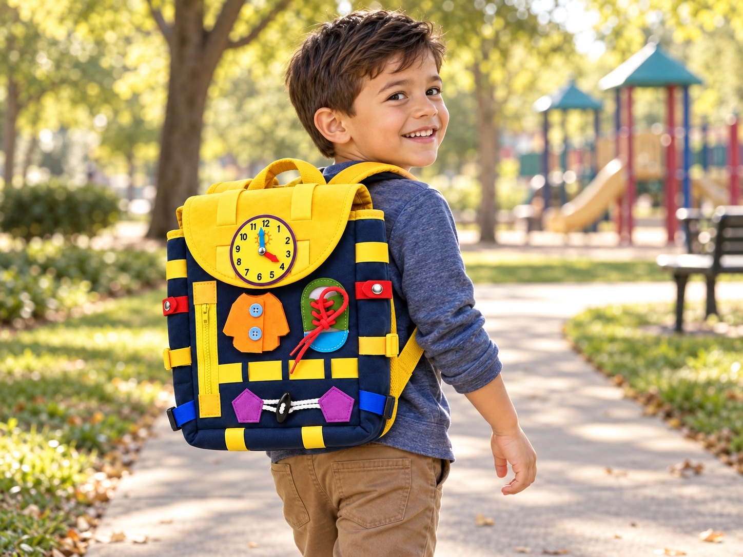 A smiling little boy wearing the Rizz Kids activity backpack at a park