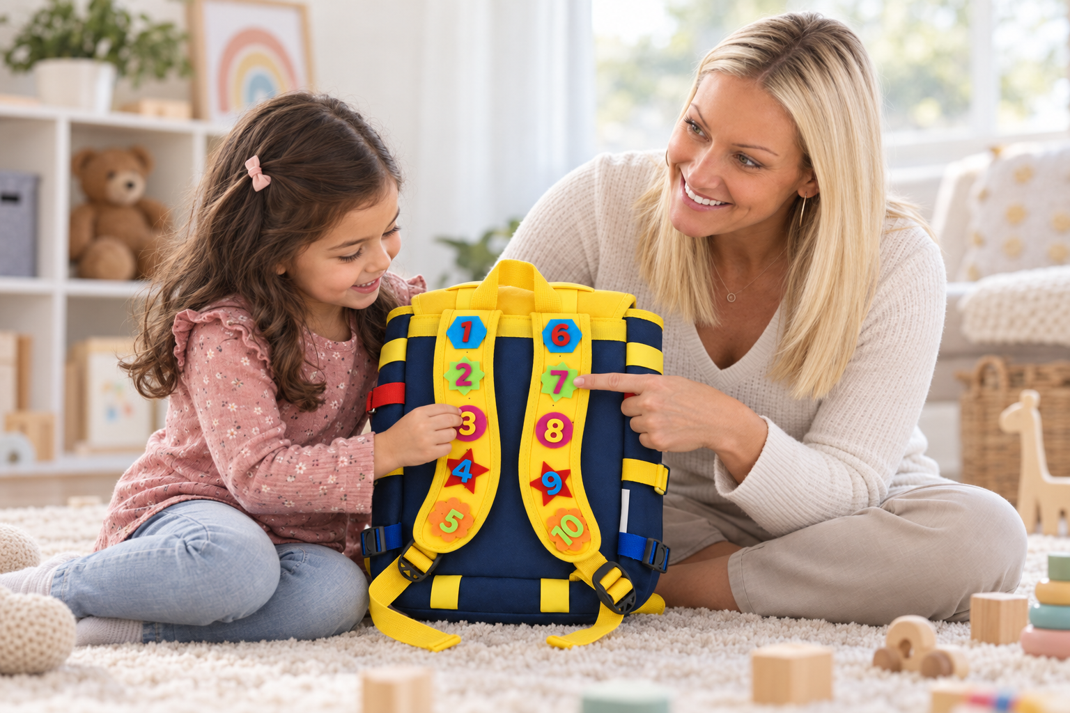 Jill and a young girl learning together with the Rizz Kids backpack